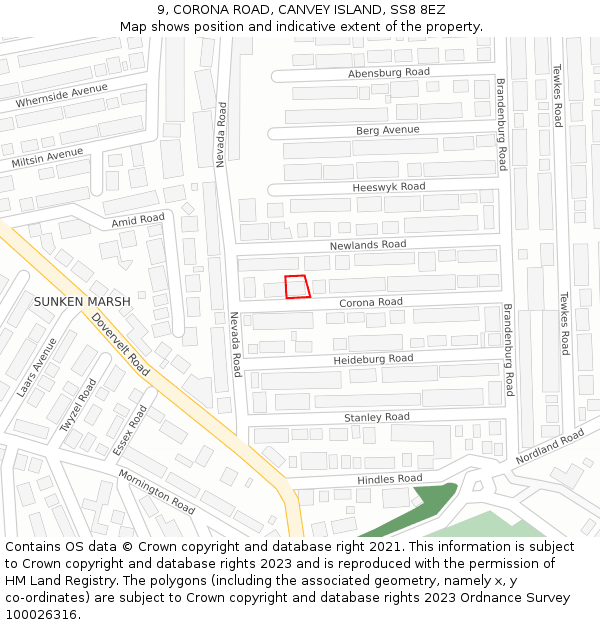 9, CORONA ROAD, CANVEY ISLAND, SS8 8EZ: Location map and indicative extent of plot