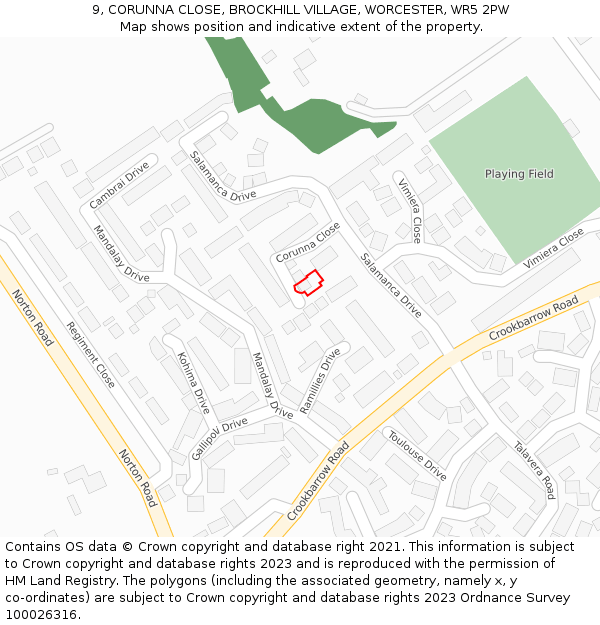 9, CORUNNA CLOSE, BROCKHILL VILLAGE, WORCESTER, WR5 2PW: Location map and indicative extent of plot