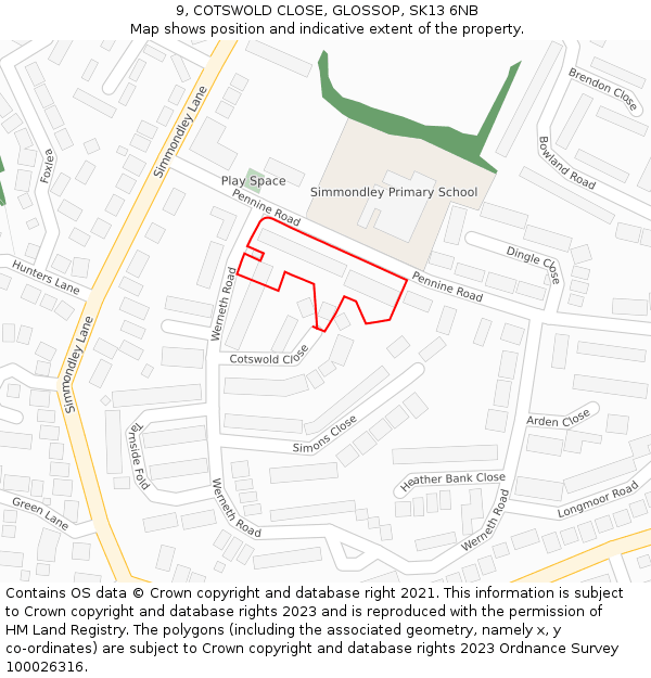 9, COTSWOLD CLOSE, GLOSSOP, SK13 6NB: Location map and indicative extent of plot