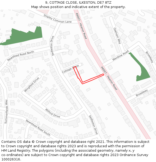 9, COTTAGE CLOSE, ILKESTON, DE7 8TZ: Location map and indicative extent of plot