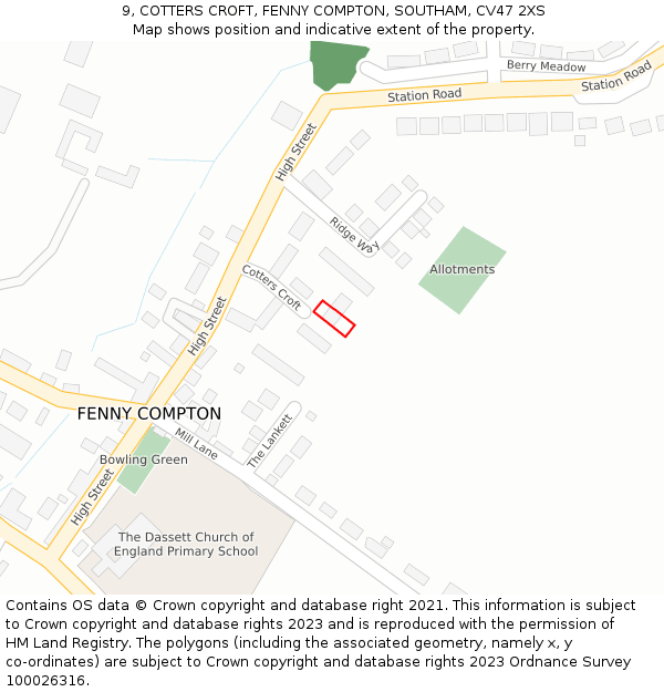 9, COTTERS CROFT, FENNY COMPTON, SOUTHAM, CV47 2XS: Location map and indicative extent of plot