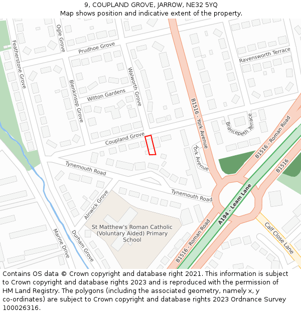 9, COUPLAND GROVE, JARROW, NE32 5YQ: Location map and indicative extent of plot