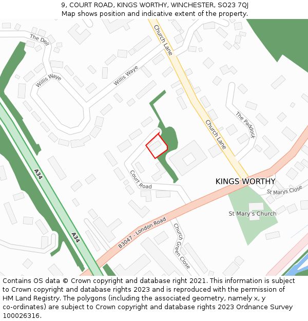 9, COURT ROAD, KINGS WORTHY, WINCHESTER, SO23 7QJ: Location map and indicative extent of plot