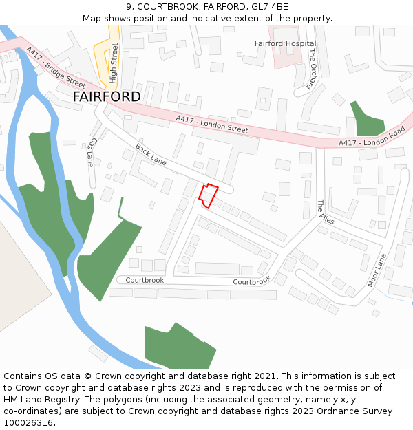 9, COURTBROOK, FAIRFORD, GL7 4BE: Location map and indicative extent of plot