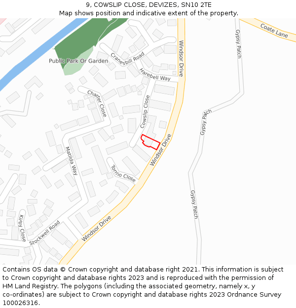 9, COWSLIP CLOSE, DEVIZES, SN10 2TE: Location map and indicative extent of plot