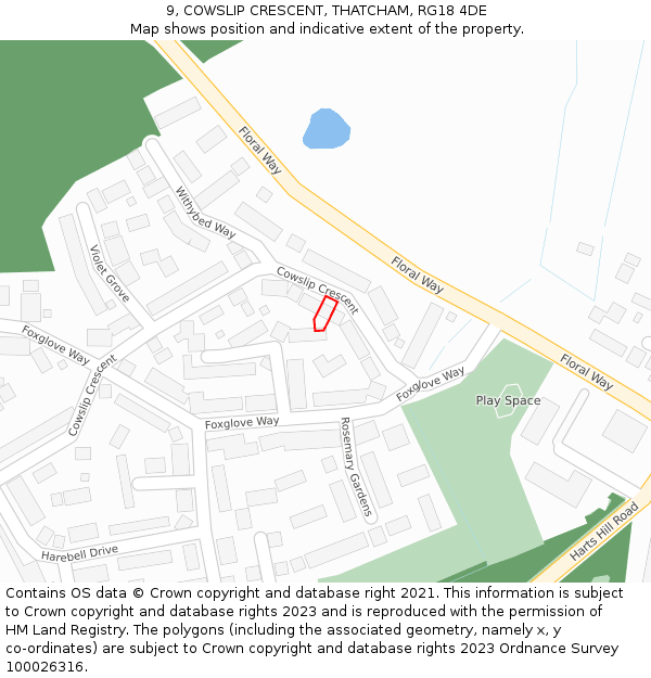 9, COWSLIP CRESCENT, THATCHAM, RG18 4DE: Location map and indicative extent of plot