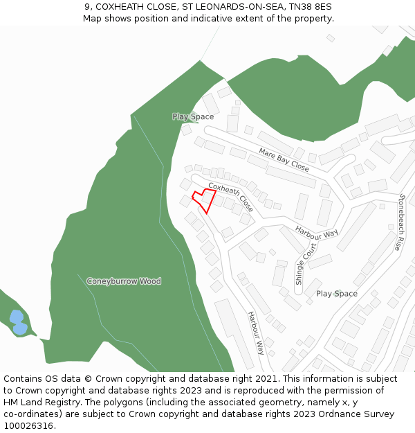 9, COXHEATH CLOSE, ST LEONARDS-ON-SEA, TN38 8ES: Location map and indicative extent of plot