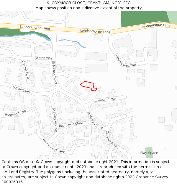 9, COXMOOR CLOSE, GRANTHAM, NG31 9FG: Location map and indicative extent of plot