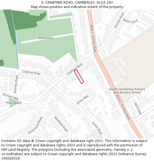 9, CRABTREE ROAD, CAMBERLEY, GU15 2SY: Location map and indicative extent of plot