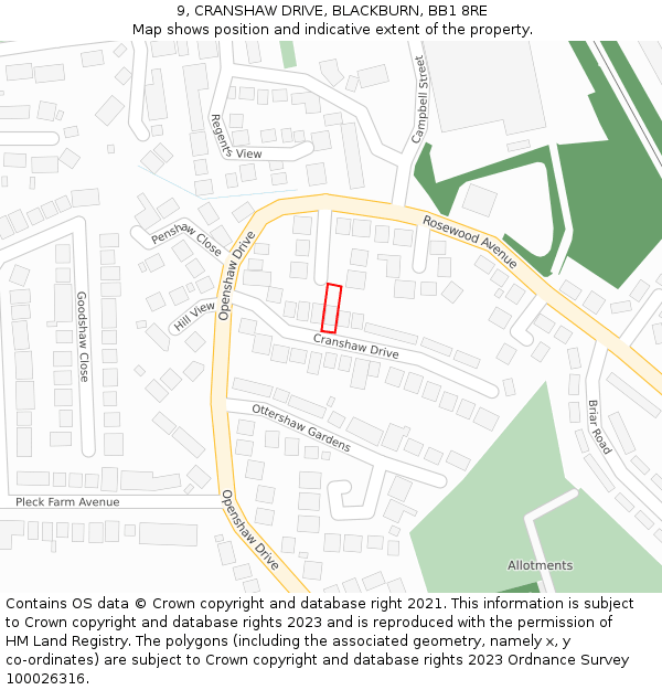 9, CRANSHAW DRIVE, BLACKBURN, BB1 8RE: Location map and indicative extent of plot