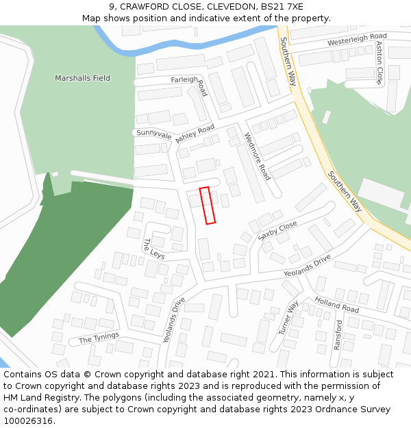 9, CRAWFORD CLOSE, CLEVEDON, BS21 7XE: Location map and indicative extent of plot