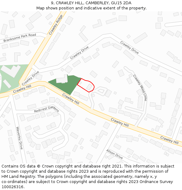 9, CRAWLEY HILL, CAMBERLEY, GU15 2DA: Location map and indicative extent of plot