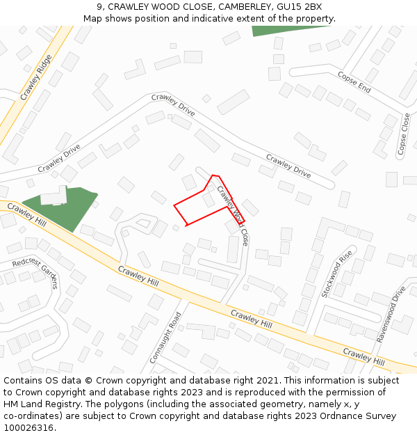 9, CRAWLEY WOOD CLOSE, CAMBERLEY, GU15 2BX: Location map and indicative extent of plot