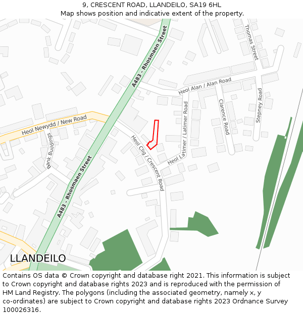 9, CRESCENT ROAD, LLANDEILO, SA19 6HL: Location map and indicative extent of plot