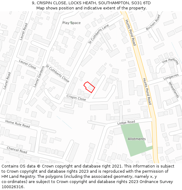 9, CRISPIN CLOSE, LOCKS HEATH, SOUTHAMPTON, SO31 6TD: Location map and indicative extent of plot