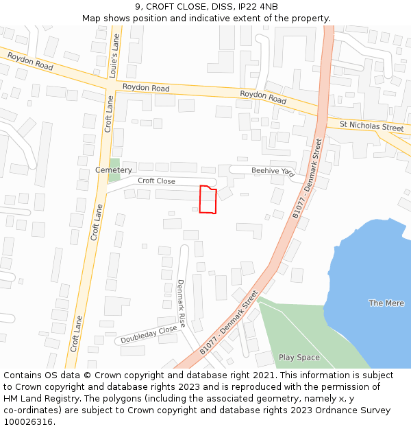 9, CROFT CLOSE, DISS, IP22 4NB: Location map and indicative extent of plot