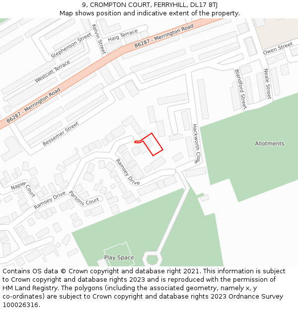 9, CROMPTON COURT, FERRYHILL, DL17 8TJ: Location map and indicative extent of plot