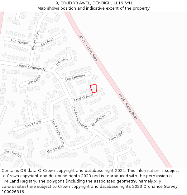 9, CRUD YR AWEL, DENBIGH, LL16 5YH: Location map and indicative extent of plot