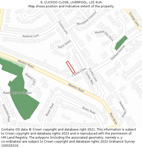 9, CUCKOO CLOSE, LIVERPOOL, L25 4UA: Location map and indicative extent of plot