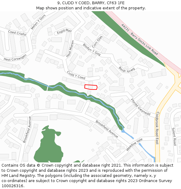 9, CUDD Y COED, BARRY, CF63 1FE: Location map and indicative extent of plot