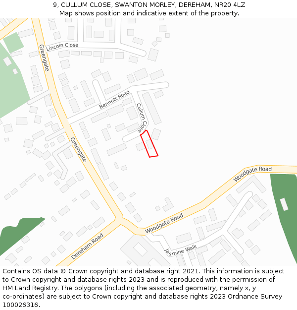 9, CULLUM CLOSE, SWANTON MORLEY, DEREHAM, NR20 4LZ: Location map and indicative extent of plot