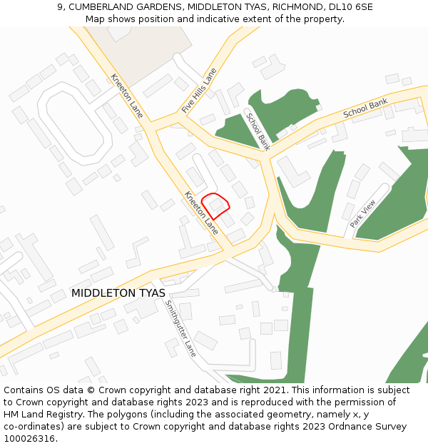 9, CUMBERLAND GARDENS, MIDDLETON TYAS, RICHMOND, DL10 6SE: Location map and indicative extent of plot