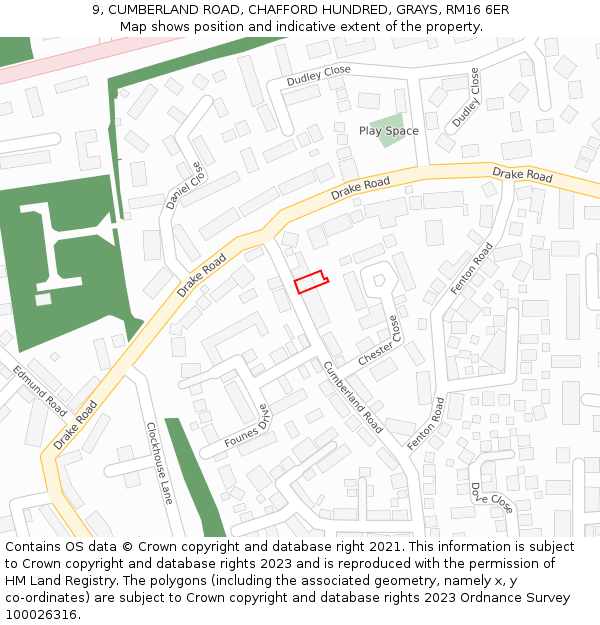 9, CUMBERLAND ROAD, CHAFFORD HUNDRED, GRAYS, RM16 6ER: Location map and indicative extent of plot