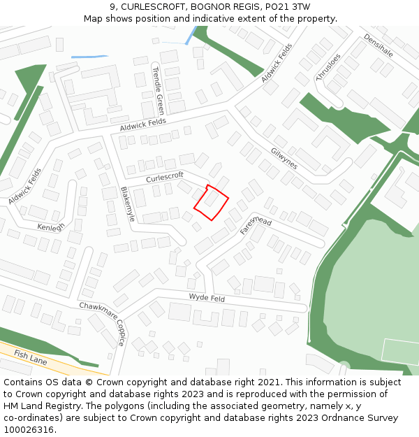 9, CURLESCROFT, BOGNOR REGIS, PO21 3TW: Location map and indicative extent of plot