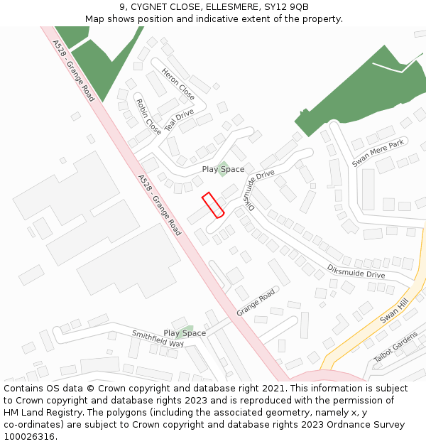 9, CYGNET CLOSE, ELLESMERE, SY12 9QB: Location map and indicative extent of plot