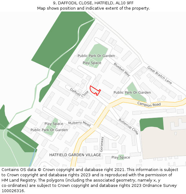 9, DAFFODIL CLOSE, HATFIELD, AL10 9FF: Location map and indicative extent of plot