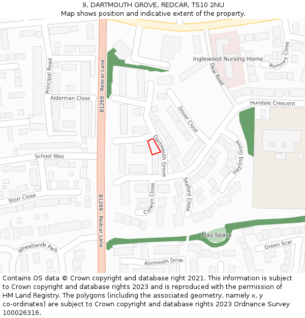 9, DARTMOUTH GROVE, REDCAR, TS10 2NU: Location map and indicative extent of plot