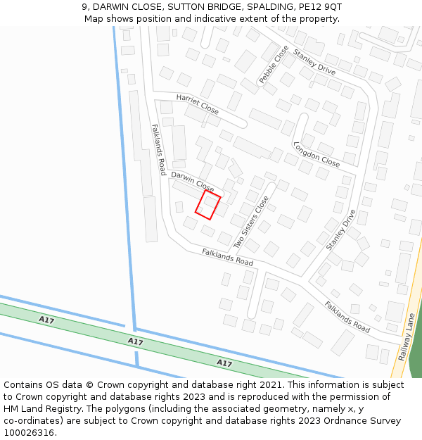 9, DARWIN CLOSE, SUTTON BRIDGE, SPALDING, PE12 9QT: Location map and indicative extent of plot