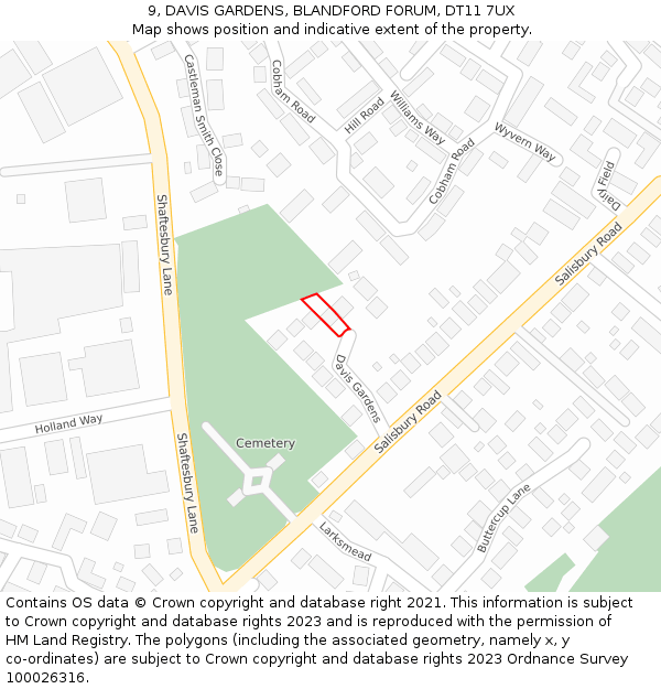 9, DAVIS GARDENS, BLANDFORD FORUM, DT11 7UX: Location map and indicative extent of plot