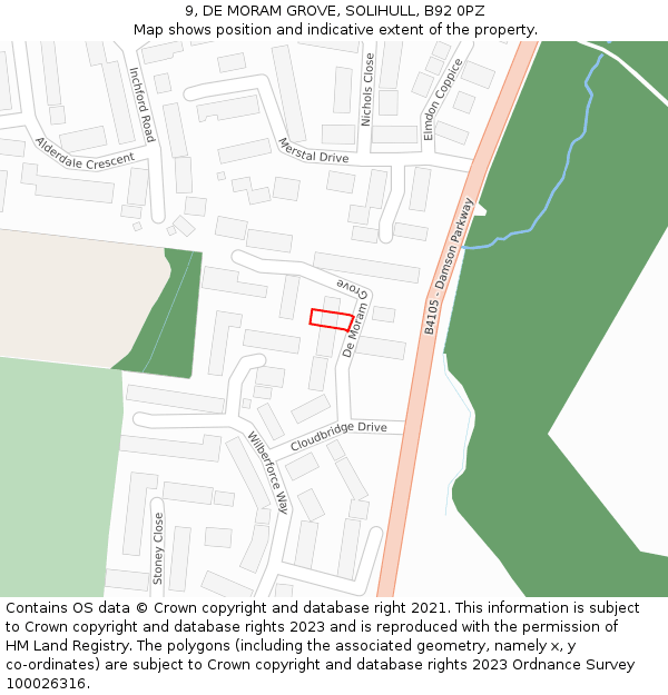 9, DE MORAM GROVE, SOLIHULL, B92 0PZ: Location map and indicative extent of plot