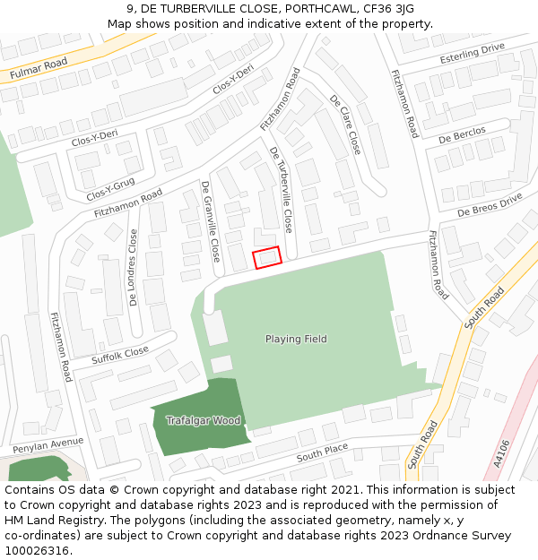 9, DE TURBERVILLE CLOSE, PORTHCAWL, CF36 3JG: Location map and indicative extent of plot