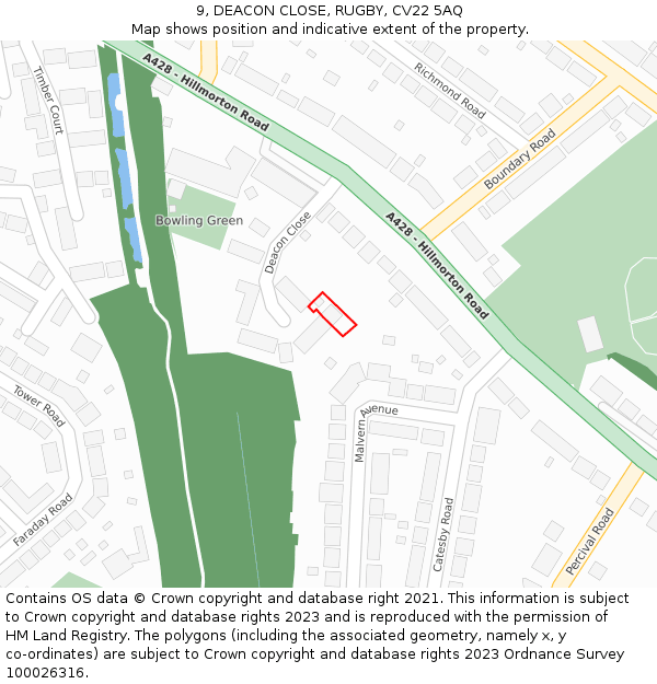 9, DEACON CLOSE, RUGBY, CV22 5AQ: Location map and indicative extent of plot