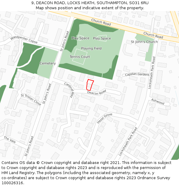 9, DEACON ROAD, LOCKS HEATH, SOUTHAMPTON, SO31 6RU: Location map and indicative extent of plot