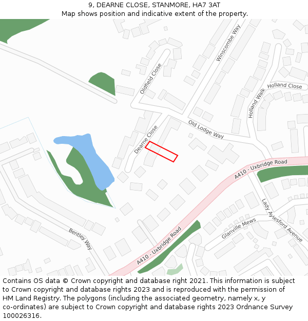 9, DEARNE CLOSE, STANMORE, HA7 3AT: Location map and indicative extent of plot