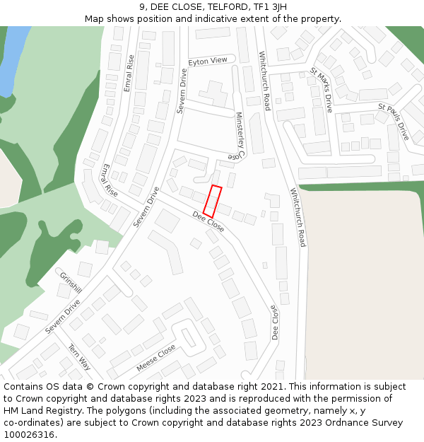 9, DEE CLOSE, TELFORD, TF1 3JH: Location map and indicative extent of plot