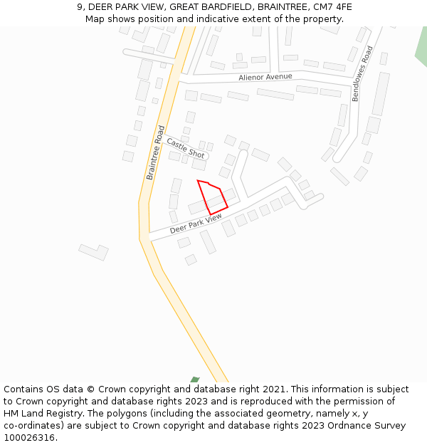 9, DEER PARK VIEW, GREAT BARDFIELD, BRAINTREE, CM7 4FE: Location map and indicative extent of plot