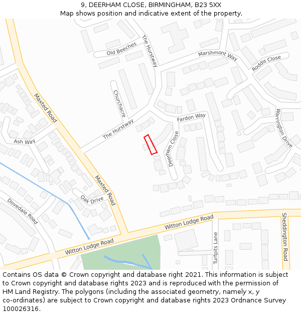 9, DEERHAM CLOSE, BIRMINGHAM, B23 5XX: Location map and indicative extent of plot