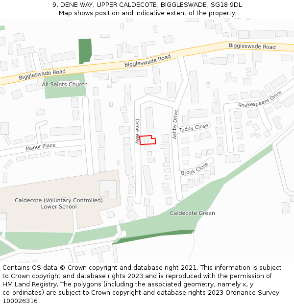 9, DENE WAY, UPPER CALDECOTE, BIGGLESWADE, SG18 9DL: Location map and indicative extent of plot