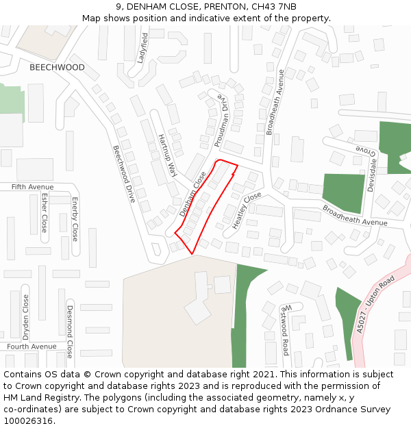 9, DENHAM CLOSE, PRENTON, CH43 7NB: Location map and indicative extent of plot