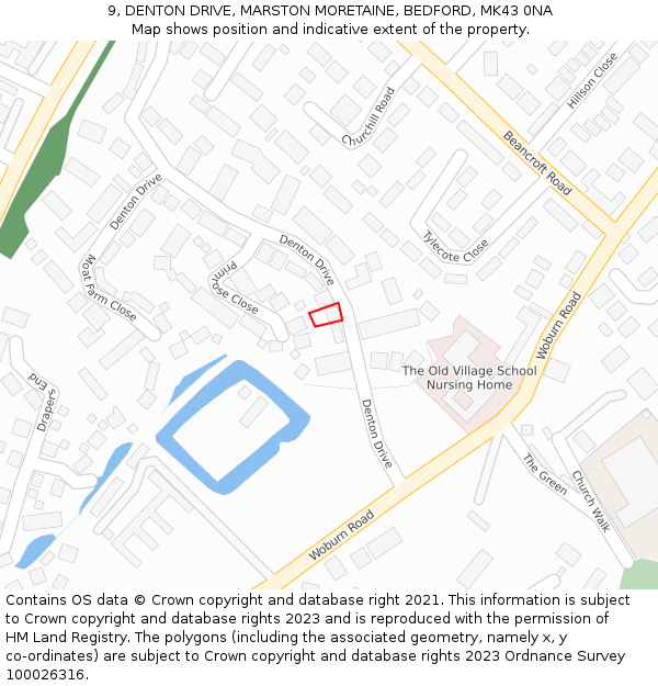 9, DENTON DRIVE, MARSTON MORETAINE, BEDFORD, MK43 0NA: Location map and indicative extent of plot