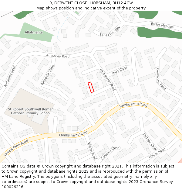 9, DERWENT CLOSE, HORSHAM, RH12 4GW: Location map and indicative extent of plot