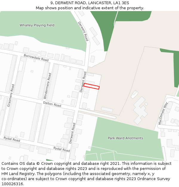 9, DERWENT ROAD, LANCASTER, LA1 3ES: Location map and indicative extent of plot