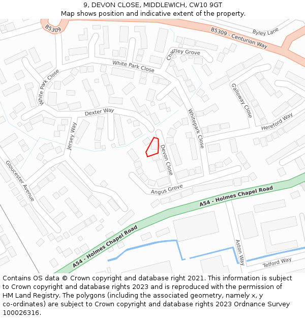 9, DEVON CLOSE, MIDDLEWICH, CW10 9GT: Location map and indicative extent of plot