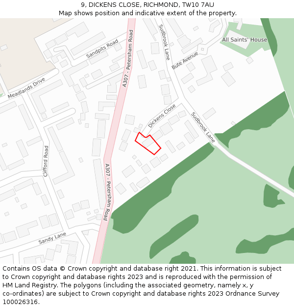 9, DICKENS CLOSE, RICHMOND, TW10 7AU: Location map and indicative extent of plot