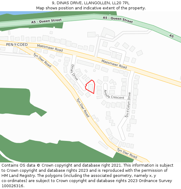 9, DINAS DRIVE, LLANGOLLEN, LL20 7PL: Location map and indicative extent of plot