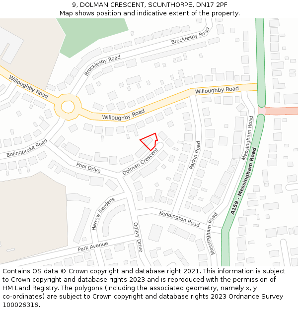 9, DOLMAN CRESCENT, SCUNTHORPE, DN17 2PF: Location map and indicative extent of plot